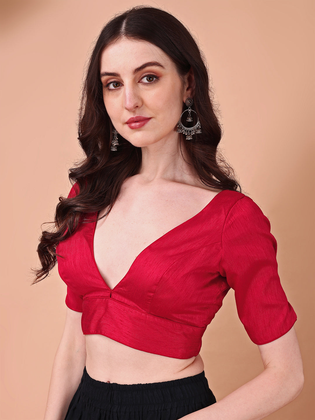 Red colored half sleeves v neck blouse